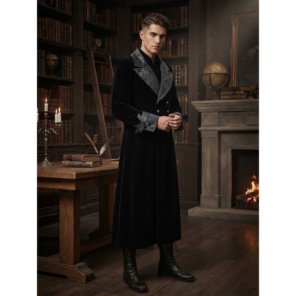 Spirit Halloween Trench Coat Mens XL Black Velvet Victorian Gothic Vampire Coat